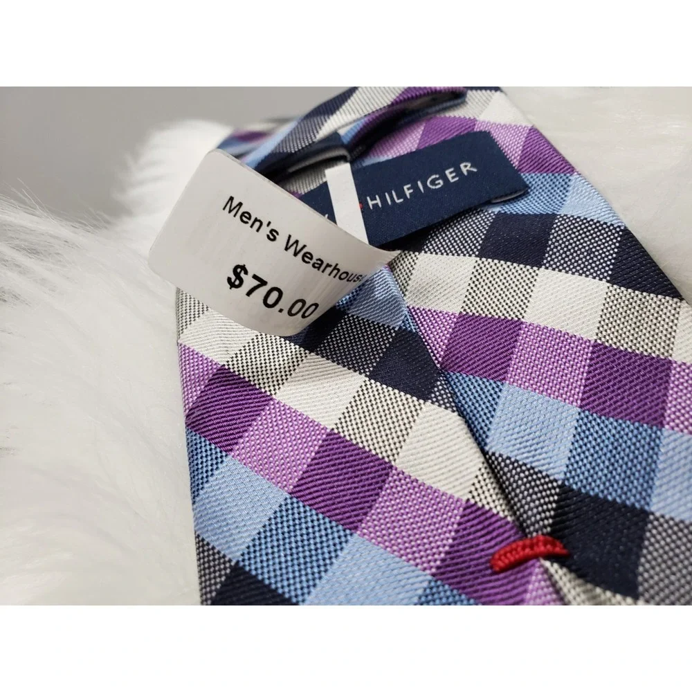 NEW EXTRA LONG Tommy Hilfiger Mens 100% Silk Tie PLAID PURPLE CHECKERED GRAY